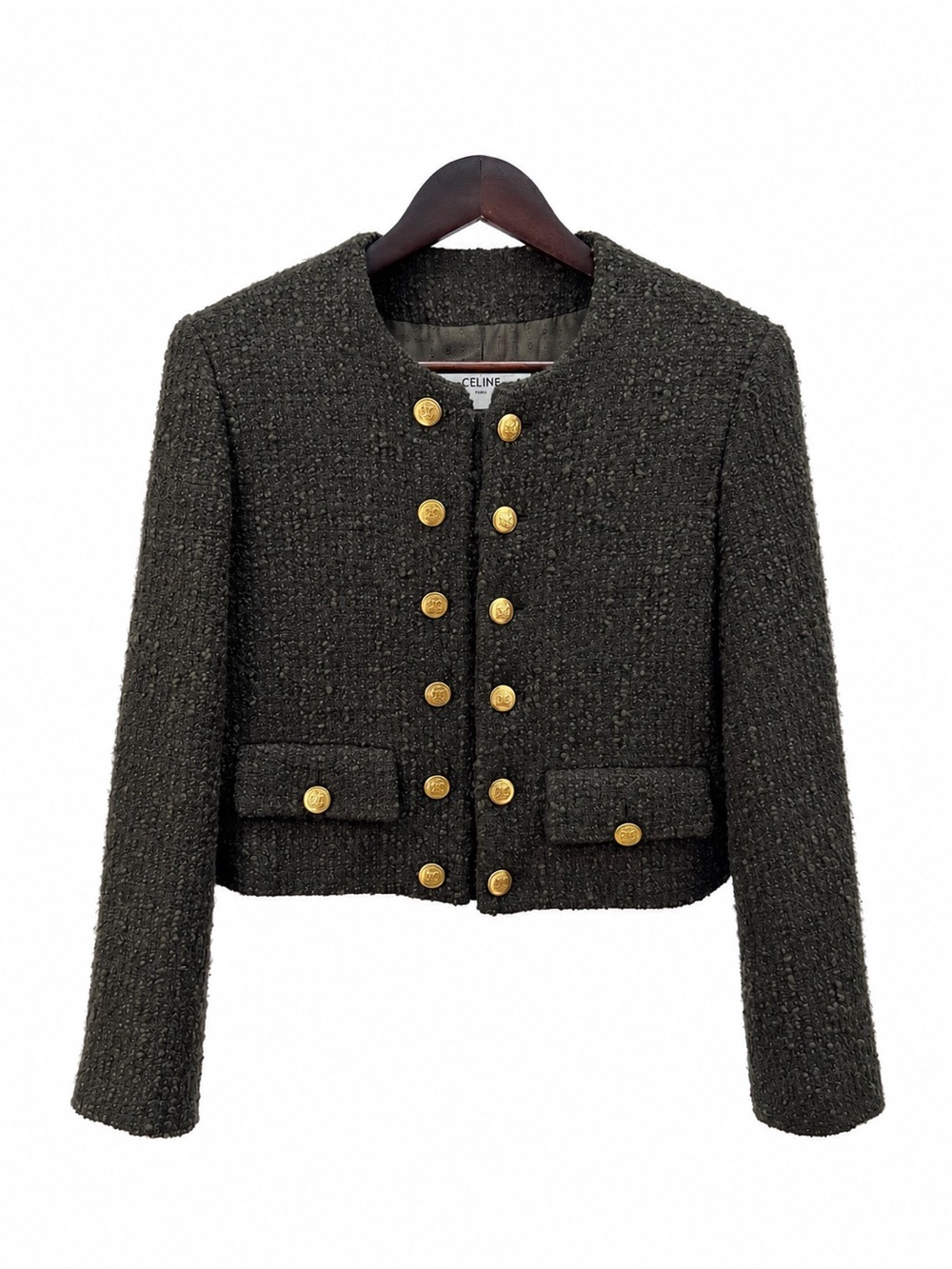 Celine Black Tweed Cropped Jacket with Gold Buttons